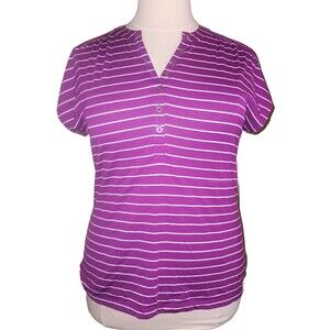 LIZ CLAIBORNE Womens 1X Henley Stripes V-Neck Short Sleeves Top Purple White